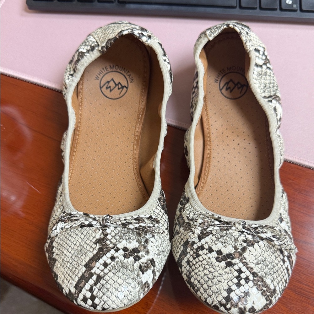 White Mountain Snakeskin-Pattern Ballet Flats - Cream & Brown